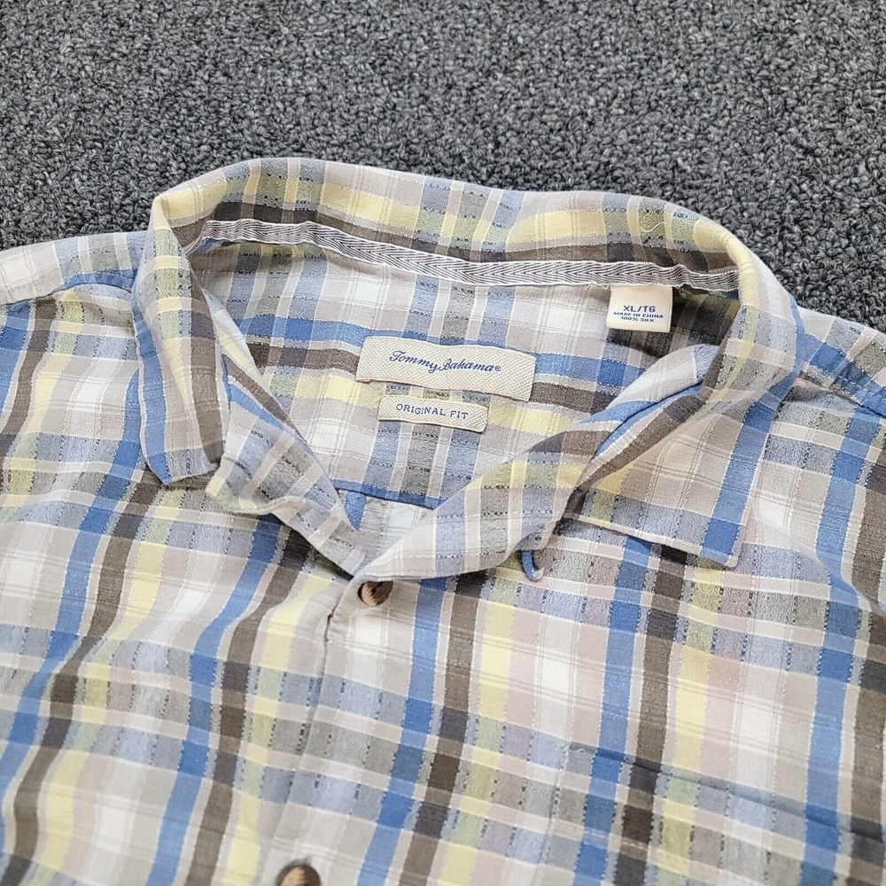 Tommy Bahama Shirt Mens XL Plaid Silk Camp Loop Collar Original Fit Boxy Beach